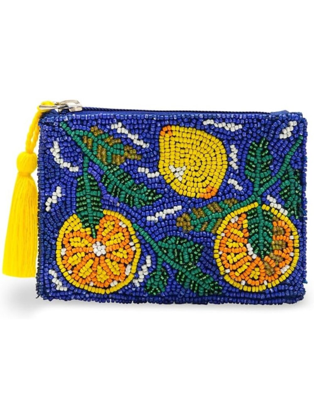Hand-Beaded Lemon Print Coin Pouch | Navy Blue Mini Zip Purse for Women